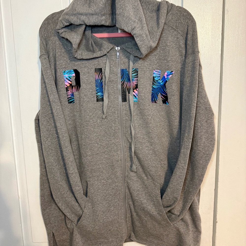 PINK Victoria's Secret Gray Full Zip Tropical Palm Hoodie - Large